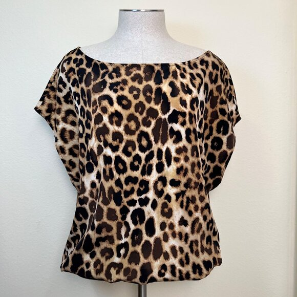 EXPRESS Leopard Print Boatneck Off-Shoulder Batwing Black Hem Tunic Blouse M - Picture 3 of 11